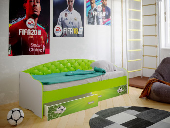 Кровать Софа-8 с мягкой спинкой фотопечать Футбол (900х1900) Белый/Лайм в Каменке - kamenka.mebel54.com | фото